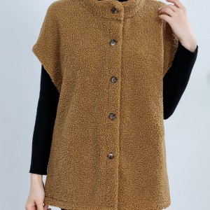 Button Front Teddy Vest, Casual Short Sleeve Solid Versatile Vest, Women's Clothing