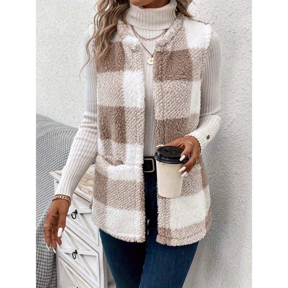 Plaid Pattern Teddy Vest, Casual Open Front Sleeveless Vest, Women's Clothing