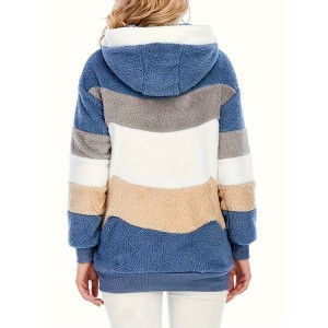 Fuzzy Color Block Coat, Casual Hooded Zip Up Drawstring Long Sleeve Outerwear, Women's Clothing