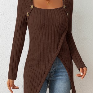 Button Decor Asymmetrical Hem T-Shirt, Casual Ribbed Long Sleeve Top For Spring & Fall, Women's Clothing