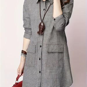 Button Front Long Top, Casual Long Sleeve Long Shirt, Women's Clothing