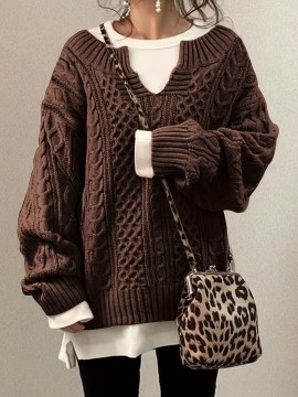 Solid Notched Neck Pullover Sweater, Casual Long Sleeve Sweater For Fall & Winter, Women's Clothing