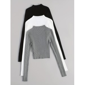 Solid Mock Neck Rib Knit Top 3 Pack, Casual Long Sleeve Slim Versatile Sweater, Women's Clothing