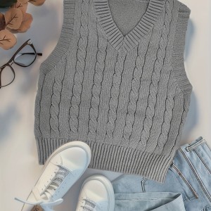 Twist Pattern V Neck Sweater Vest, Y2K Sleeveless Vest For Spring & Fall, Women's Clothing