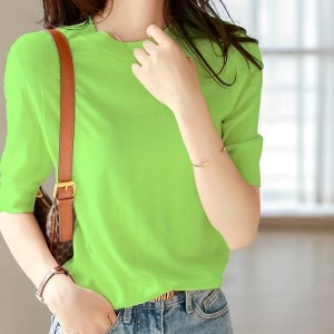 Half Sleeve Knit Swearter, Casual Crew Neck Solid Sweater For Spring & Summer, Women's Clothing