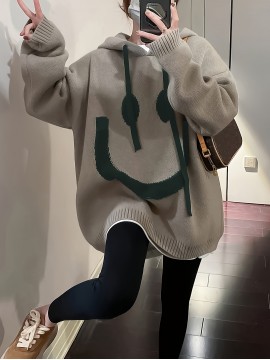 Smile Face Pattern Hooded Knitted Sweater, Casual Drawstring Long Sleeve Oversized Sweater, Women's Clothing