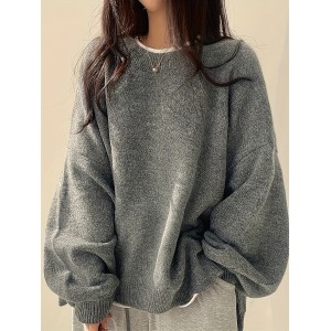 Solid Crew Neck Pullover Sweater, Casual Long Sleeve Drop Shoulder Split Sweater, Women's Clothing