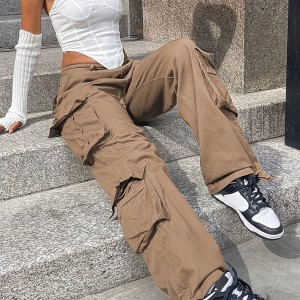 Women's Y2K Streetwear Cargo Pants - Vintage 90s High Waisted Wide Leg Overalls With Pockets