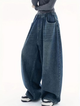 Elastic Waist Wide Leg Jeans, Slant Pocket Loose Streetwear Y2k Baggy Denim Pants, Women's Denim Jeans & Clothing