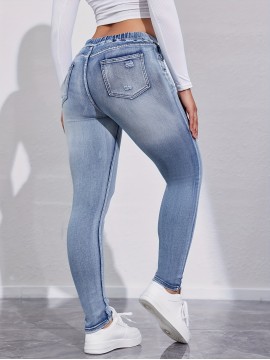 Drawstring Elastic Waist Skinny Jeans, High Stretch Slim Fit Washed Tight Jeans, Women's Denim Jeans & Clothing