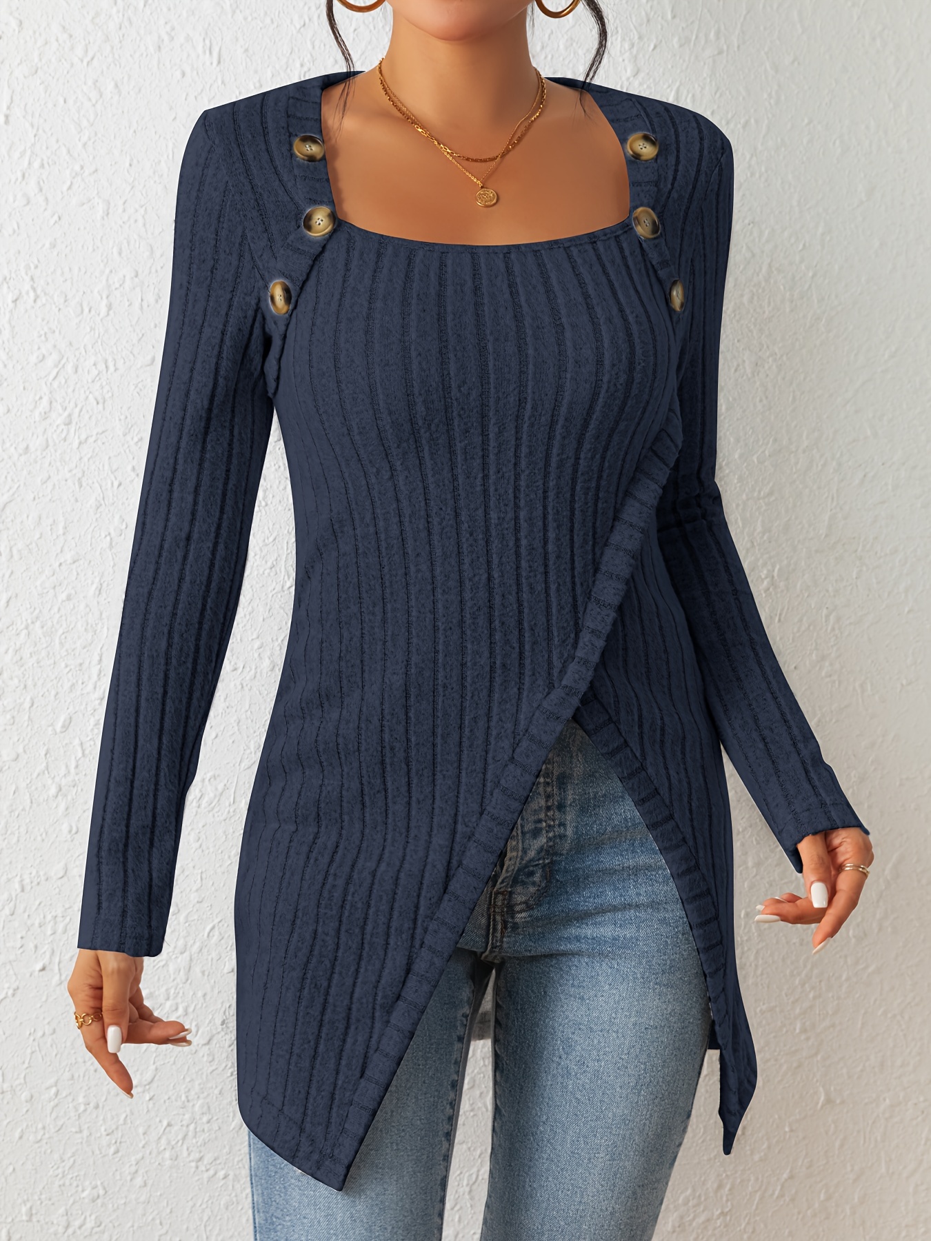 button decor asymmetrical hem t shirt casual ribbed long sleeve top for spring fall womens clothing details 10